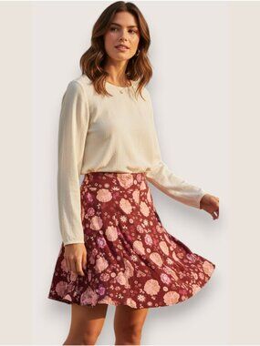 Floral Skirt Size 14 Burgundy Pink Viscose French Design Pleated Short Skirt